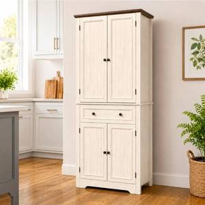 lot 9728 image: Pantry Cabinet, 72 Tall Kitchen Storage Cabinet with Doors and Adjustable Shelves, Farmhouse Wood Food Pantry Organizer with Drawer, Freestanding Utility Cupboard for Kitchen, Dining Room, White - Retail $220