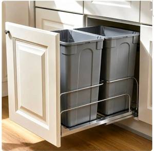 lot 9731 image: VEVOR Pull-Out Trash Can, 35 QT x2 Double Under Mount Kitchen Waste Container, Heavy Duty Garbage Recycling Bin with Door Kit and Soft Close Slide, for Kitchen Cabinet, Sink, Under Counter (Grey) - Retail $82