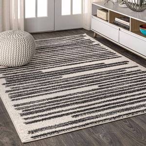 lot 9740 image: JONATHAN Y Khalil Modern Berber Stripe CreamBlack Indoor Area Rug, 8x10, Contemporary, Bohemian, Easy-Cleaning for Living Room, Bedroom, Kitchen, Pet Friendly, Non-Shedding (MOH207A-8) - Retail $106