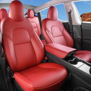 lot 9757 image: Wekar Tesla Model Y Car Seat Covers Nappa Leather Car Interior Seat Airbag Compatible Cushion Cover Full Set Custom Fit 2024 2023 2022 2021 2020, Nappa Wine Red - Retail $250