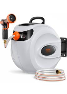 lot 9759 image: VEVOR Retractable Hose Reel 84 ft x 58 inch Garden Water Hose Reel GrayLawn Watering, 9-Pattern Nozzle, 180° Swivel Bracket Wall-Mounted, Automatic Rewind, Lock at Any Length, Slow Return System - Retail $122