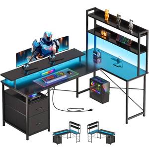 lot 9766 image: L Shaped Gaming Desk, Reversible with LED Lights, Shelves, Charging, Black - Retail $124