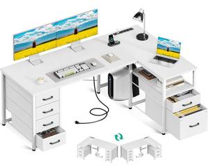 lot 9767 image: Coleshome 55 Inch L Shaped Office Desk with 6 Drawers, Power Outlet, White - Retail $140