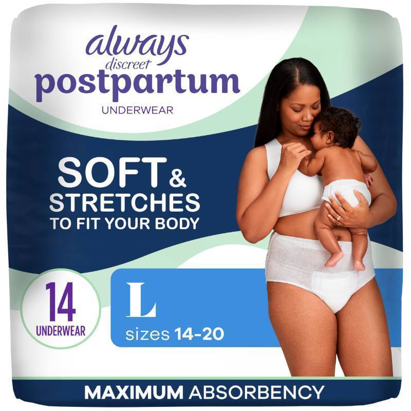 lot 39623 image: Always Discreet Postpartum and Adult Incontinence Underwear for Women, Large, Maximum Protection, 14 Count - Retail $14