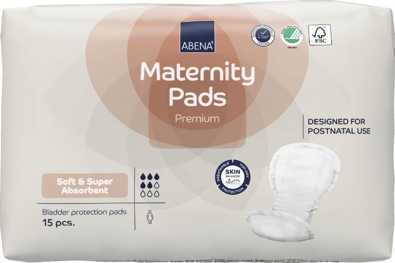 lot 39624 image: Abena Premium Maternity Pads for Postpartum and After-Delivery Incontinence, Super Absorption, Soft Disposable Pads - 15 Count - Retail $12