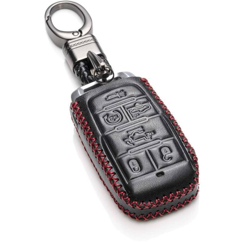 lot 59297 image: Genuine Leather Smart Key Fob Case Cover Protector Compatible with RAM 1500, RAM 2500, RAM 3500 2019 - 2026 (6-Button, BlackRed) - Retail $15