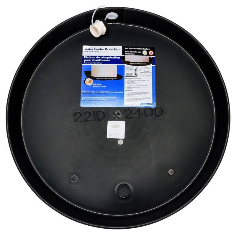 lot 59813 image: Camco 22 Inch ID Plastic Drain Pan  Drip Tray w PVC Fitting for Electric Water Heater - Retail $30