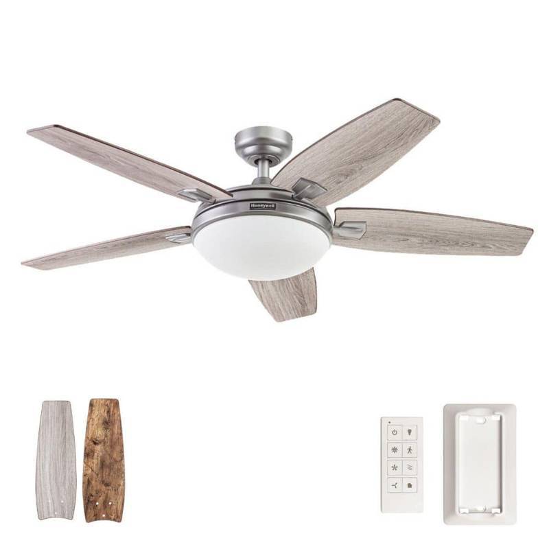 lot 59822 image: Honeywell Carmel Ceiling Fan  Quiet Motor and Remote Control  48 Inch  Matte Nickel, LOOSE HARWARE. - Retail $100
