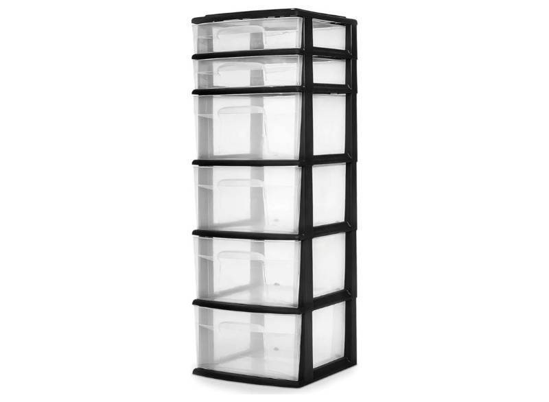 lot 59819 image: HOMZ Drawer Tower, 6-Tier Storage for Home Organization, Black Frame Plastic Organizer with Clear Bin Drawers, BACK OF TOP HAS A HAIRLINE CRACK. - Retail $72