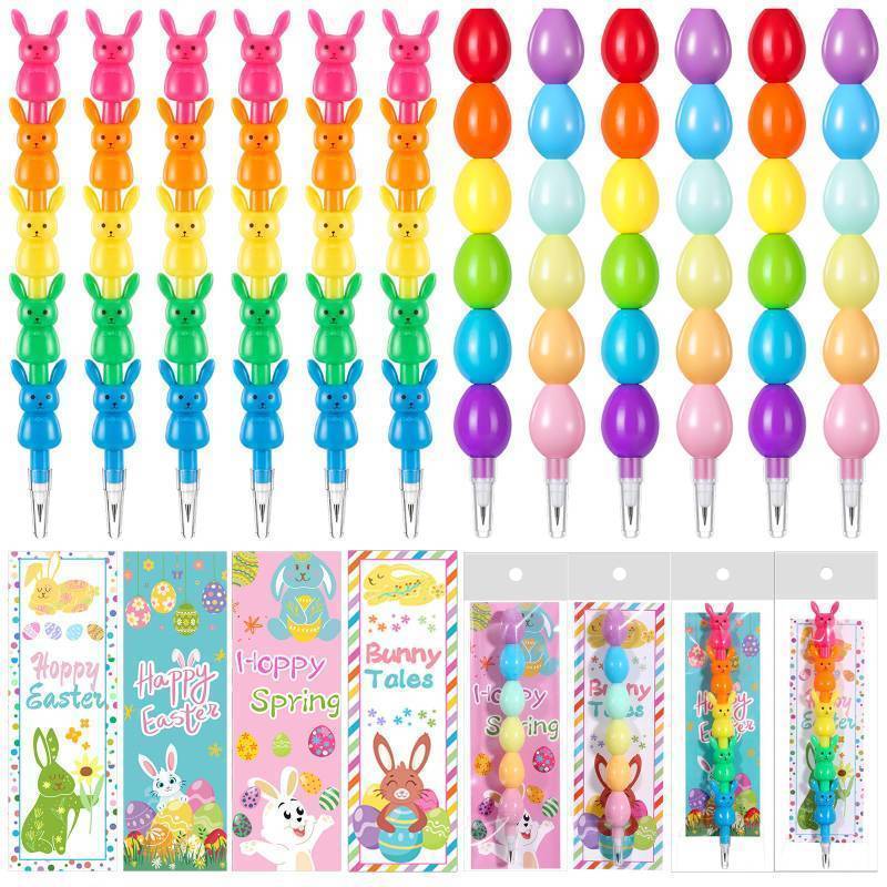 lot 29153 image: 24 Pieces Easter Party Favors Stackable Pencils for Kid, 12 Bunny Egg Stacking Pencils with 12 Card Rabbit Pencil for Easter Basket Goodie Bag Stuffers Egg Hunt School Student Reward Gift - Retail $10