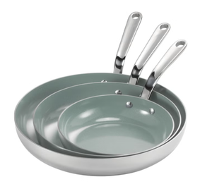 lot 136 image: Tramontina 3-piece Tri-Ply Clad Stainless Steel Ceramic Nonstick Fry Pan Set - Retail $67