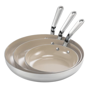 lot 137 image: Tramontina 3-piece Tri-Ply Clad Stainless Steel Ceramic Nonstick Fry Pan Set see description - Retail $67
