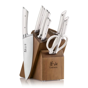 lot 143 image: Cangshan RAINIER Series 8-Piece Knife Block Set, Forged German Steel, Acacia Block, White See description - Retail $220