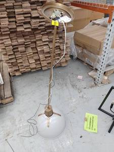 lot 13303 image: Brass Finish Pendant Light Fixture w White Dome Shade and Rod 43.5 in long
