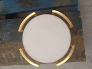 lot 13309 image: Round Flush Mount Ceiling Light Fixture w Frosted Glass Shade & Gold Frame