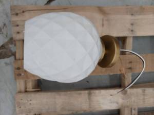 lot 13321 image: White Frosted Glass Diamond-Faceted Globe Light Fixture w Brass-Tone Canopy