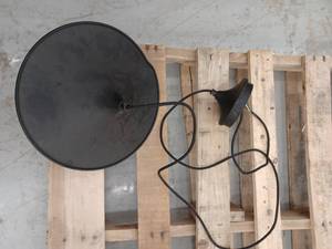 lot 13322 image: Black Metal Pendant Light Fixture w White Frosted Globe & Fabric Cord