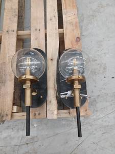 lot 13323 image: Set of 2 Black Marble Wall Sconces w Brass Finish Arms & Clear Glass Globes