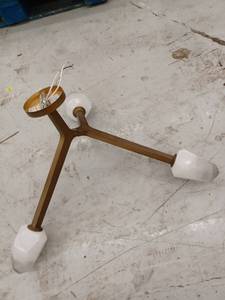 lot 13324 image: Three-Arm Brass Finish Ceiling Light Fixture w White Faceted Glass Shades