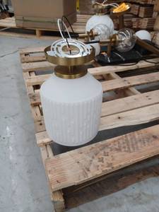 lot 13325 image: Brass-Finish Semi-Flush Mount Ceiling Light w Ribbed Frosted White Glass Shade