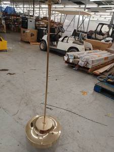 lot 13329 image: Polished Brass Finish Pendant Light w Smoked Glass Drum Shade & 3 Bulbs