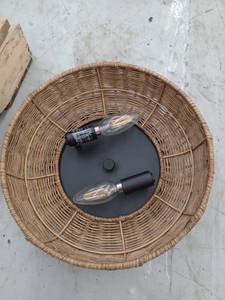 lot 13331 image: Woven Rattan Style Ceiling Light Fixture with Black Base and 2 Filament Bulbs