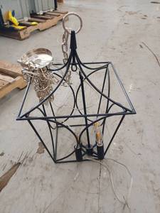 lot 13333 image: Navy Blue Metal Lantern-Style 4-Light Pendant Chandelier w Nickel Chain