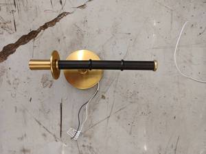 lot 13335 image: Brushed Brass and Black Single-Light Wall Sconce with Round Backplate