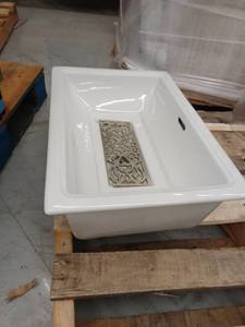 lot 13338 image: White Ceramic Rectangular Drop-In Sink Basin w Ornate Scrollwork Drain Cover
