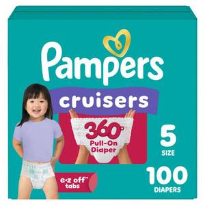 lot 2695 image: Pampers Diapers - Cruisers 360 - Size 5, 100 Count, up to 100% Leakproof Pull-On Diaper for Active Babies - Retail $42
