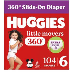 lot 2715 image: Huggies Little Movers HuggFit 360 Diapers Size 6, 104 Count (2 Packs of 52) - Retail $55