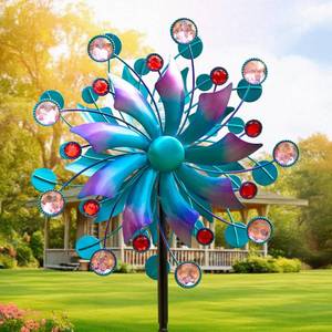lot 2748 image: 360°Solar Wind Spinner with Lights Blue Metal Garden Outdoor Decor Yard Lawn Art Decor for Patio Kinetic Windmills Unique Gifts for Friends and Family 60.63 H x 13.38 Dia - Retail $34