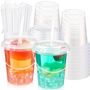 lot 2776 image: Funnymoom 15 Set 34 oz Drink Buckets with Lid Straw & Handle, Clear - Retail $22