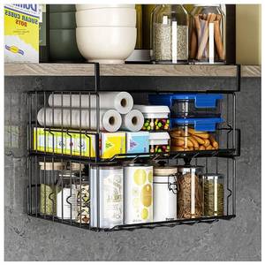lot 2810 image: Under Shelf Basket Storage 2Pack - 11.8in Metal Under Cabinet Shelf, Hanging Wire Basket Shelves, Undershelf Storage Basket for Kitchen Pantry Bookshelf - Retail $20