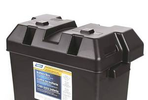 lot 2825 image: Camco Large Battery Box with Straps and Hardware - Group 27, 30, 31 Safely Stores RV, Automotive, and Marine Batteries  Measures Inside 7-14 x 13-14 x 8-58  (55372) - Retail $24