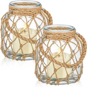 lot 2881 image: Blushtier 2 Set Nautical Lanterns Rope Handle, Coastal Glass Jar, Clear - Retail $40