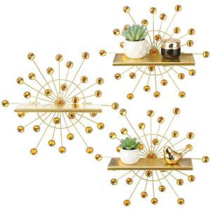 lot 2801 image: Yaocom 3 Pcs Crystal Floating Shelves, Bling Sparkle Metal Starburst Wall Decor Shelves, Gold Folding Wall Mounted Storage Shelf for Bedroom Bathroom Living Room Kitchen Office - Retail $33