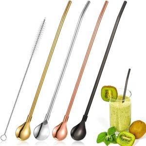 lot 2871 image: 4 Pieces Spoon Straws Stainless Steel Drinking Spoon Straws Reusable Metal Cocktail Spoons Straws with Long Cleaning Brush - Retail $13
