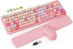 lot 2882 image: Wireless Keyboard and Mouse Combo, Cute Typewriter, Magnetic Wrist Rest - Retail $40