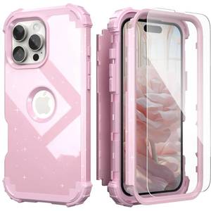 lot 2894 image: IDweel for iPhone 16 Pro Max Case with Screen Protector, 3 in 1 Shockproof Slim Fit Hybrid Heavy Duty Hard PC Cover Soft Silicone Bumper Full Body Anti-Fingerprint Case, Glitter Pink - Retail $9