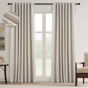 lot 2908 image: Topfinel Boho Farmhouse Black Out Linen Curtains 84 Inch Length 2 Panels Set for Bedroom Living Room, Greige Insulating Winter Room Divider Curtains Neutral Burlap Drapes 7FT Long Pleated Back Tab - Retail $53
