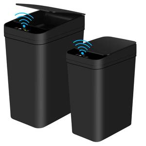 lot 2927 image: Anborry Bathroom Automatic Trash Can 2 Pack 2.2 Gal & 4 Gal Touchless Motion Sensor Small Garbage Can with Lid Smart Electric Narrow Garbage Bin for Bedroom Office Kitchen (Black) - Retail $32