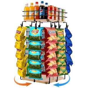 lot 2930 image: Chip Rack Display Stand, 5-Tier 360° Rotating Organizer with Top Storage Basket for Drinks & Spice Jars, 40 Clips & Snack Tray for Store, Kitchen, Party, Retail Countertop Snack Display (Square Base, Beige) - Retail $29