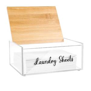 lot 2945 image: DAMAGE SEE PHOTOS VOTLEVT Acrylic Laundry Detergent Sheets Holder with Bamboo Lid, Laundry Soap Sheets Container Box Dispenser for Laundry Room - Retail $16
