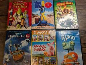 lot 1417 image: DVD Lot of 6 Kids &amp Family AnimationComedy Movies Including WALL-E, Shrek the Third, Rio, Rango, Madagascar 2 Animal Friends 8 Movie
