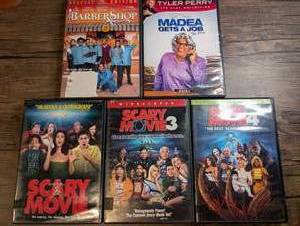 lot 1418 image: DVD Lot of 5 Comedy &amp Horror Comedy Movies Including Scary Movie, Scary Movie 3, Scary Movie 4, Madea Gets a Job, Barbershop
