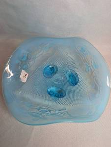 lot 1502 image: Blue Opalescent Glass Three-Footed Bowl with Raised Floral Design and Star Mark