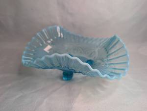 lot 1503 image: Blue Glass Footed Bowl with Ruffled Edge and Embossed Pattern