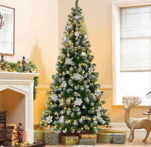 lot 6640 image: Hatisan Artificial Christmas Trees with 1000 Branch Tips, 300pcs Led Lights, Snowflakes Decorations and Tree Stand, Christmas Decorations for Holiday Party Decor Indoor Outdoor(Snowflakes,7.5ft) - Retail $0