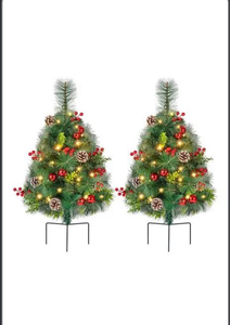lot 6752 image: SNOW FLOCKED Costway Set of 2 29 in Battery Powered Pre-lit Pathway Flocked Christmas Trees Outdoor (appears to be missing stand) Snowy - Retail $0